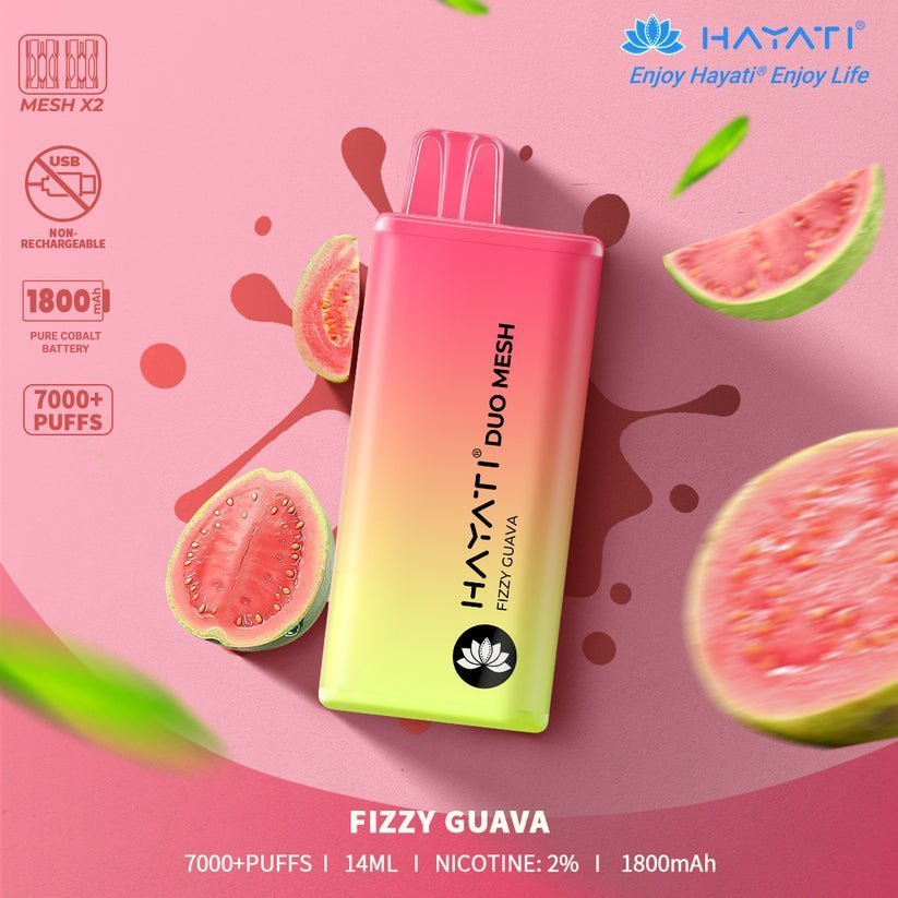 Hayati Duo Mesh 7000 Puff Prefilled Vape Pod Kit Box of 10, Fizzy Guava Flavour