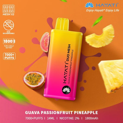 Hayati Duo Mesh 7000 Puff Prefilled Vape Pod Kit Box of 10, Guava passion Fruit Pineapple Flavour
