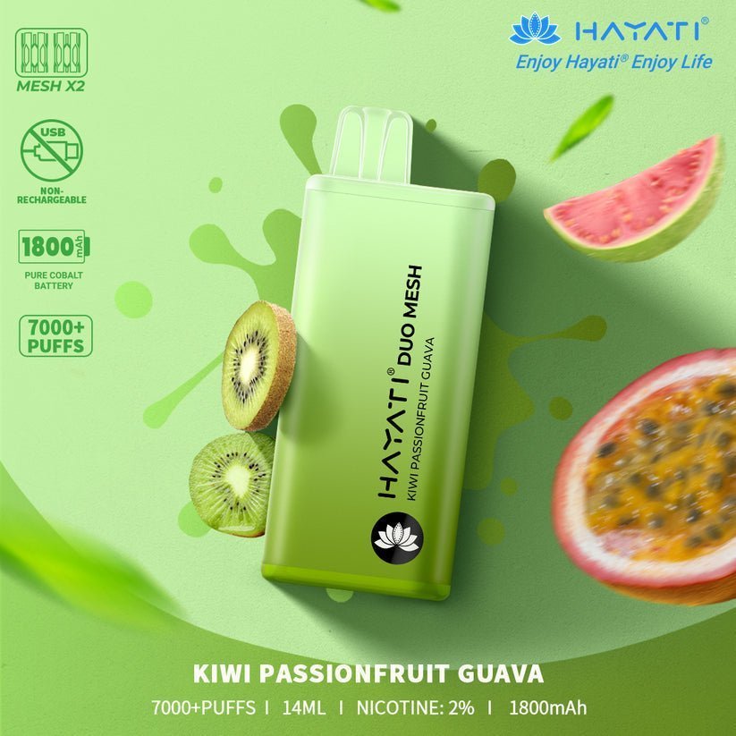Hayati Duo Mesh 7000 Puff Prefilled Vape Pod Kit Box of 10, Kiwi Passion Fruit Guava Flavour