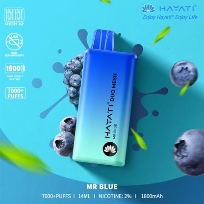 Hayati Duo Mesh 7000 Puff Prefilled Vape Pod Kit Box of 10, Mr Blue Flavour