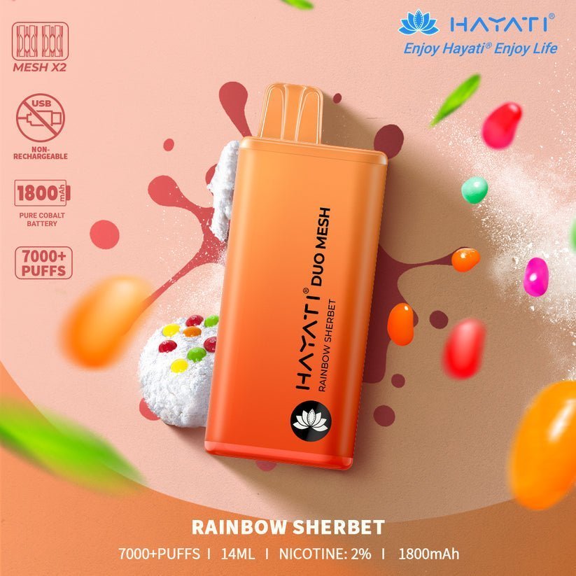 Hayati Duo Mesh 7000 Puff Prefilled Vape Pod Kit Box of 10, Rainbow Sherbet Flavour