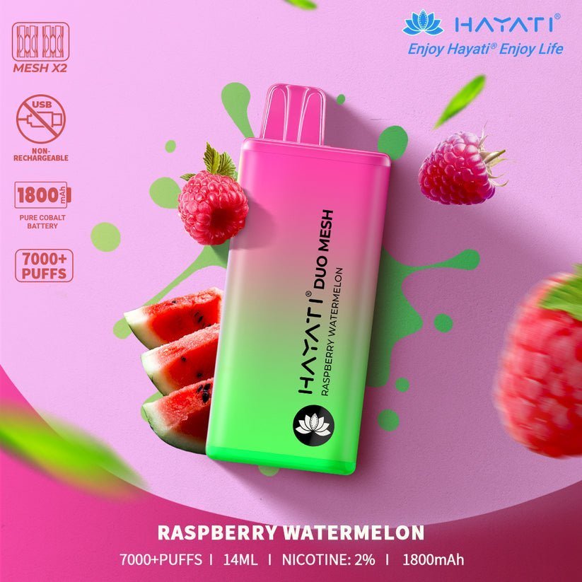 Hayati Duo Mesh 7000 Puff Prefilled Vape Pod Kit Box of 10, Raspberry Watermelon Flavour