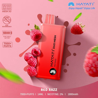 Hayati Duo Mesh 7000 Puff Prefilled Vape Pod Kit Box of 10, Red Razz Flavour