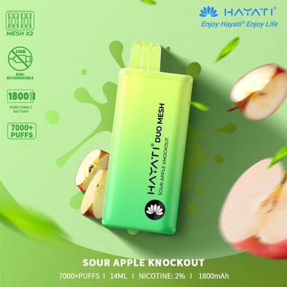 Hayati Duo Mesh 7000 Puff Prefilled Vape Pod Kit Box of 10, Sour Apple Knockout Flavour