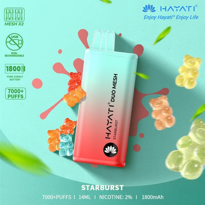 Hayati Duo Mesh 7000 Puff Prefilled Vape Pod Kit Box of 10, Star Burst Flavour