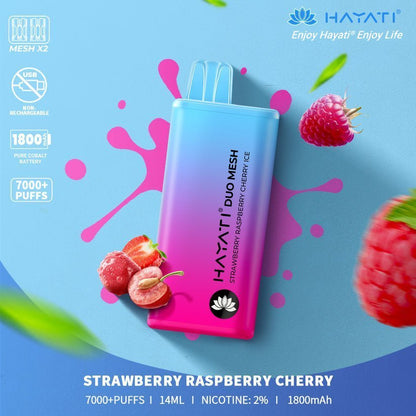 Hayati Duo Mesh 7000 Puff Prefilled Vape Pod Kit Box of 10, Strawberry Raspberry Cherry Flavour