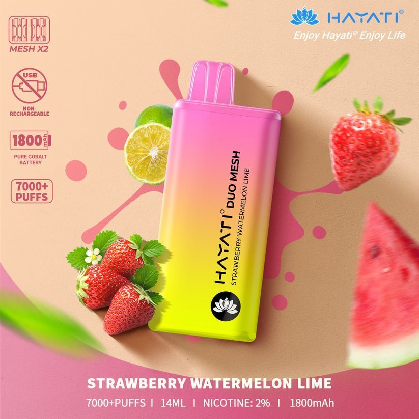 Hayati Duo Mesh 7000 Puff Prefilled Vape Pod Kit Box of 10, Strawberry Watermelon Lime Flavour