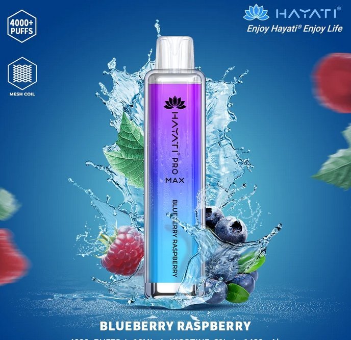 Hayati Pro Max 4000 Puffs Prefilled Vape Pod Kit Box of 10, Blueberry Raspberry Flavor