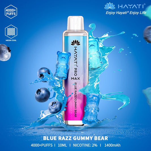 Hayati Pro Max 4000 Puffs Prefilled Vape Pod Kit Box of 10, Blue Razz Gummy Bear Flavor