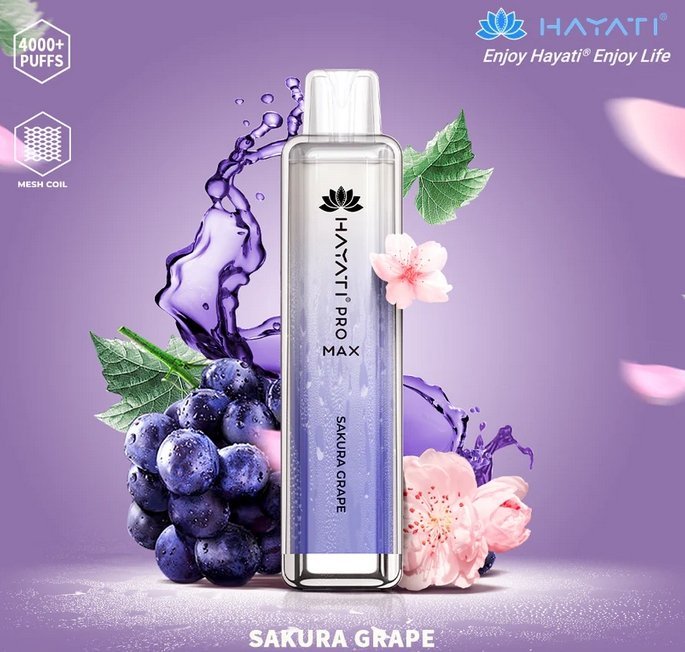 Hayati Pro Max 4000 Puffs Prefilled Vape Pod Kit Box of 10, Sakura Grape Flavor