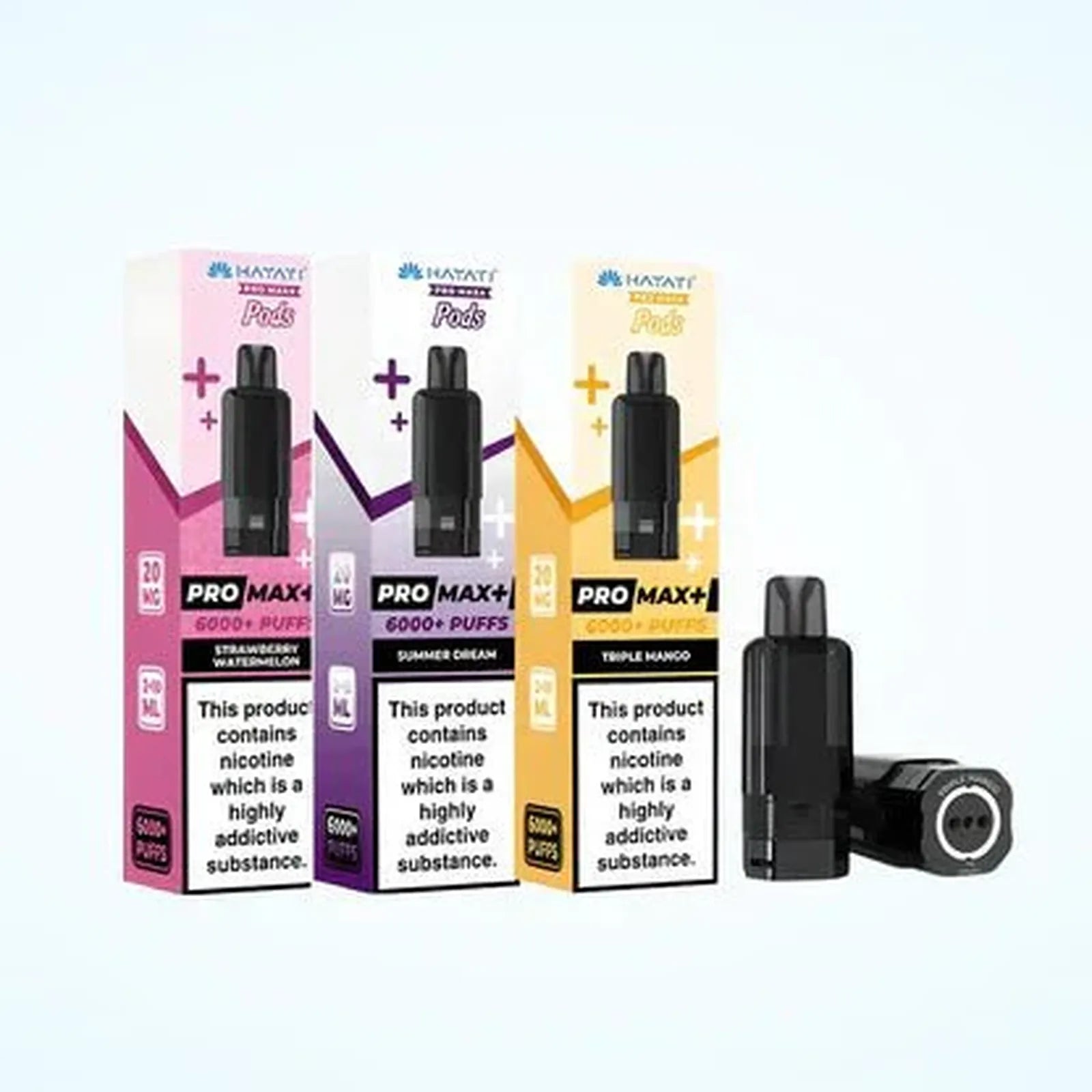 Hayati Pro Max Plus 6000 Puffs Prefilled Pods Box Of 5, Summer Dream, Triple Mango, and Strawberry Watermelon Flavours