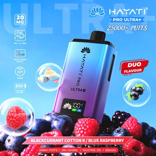 Hayati Pro Ultra Plus 25000 Prefilled Pod Kit Box of 5, Black Currant Cotton K, Blue Rasperry Flavour