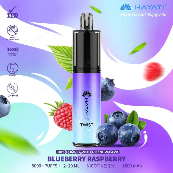 Hayati Twist 5000 Puffs Prefilled Vape Pod Kit Box of 5, Blueberry Raspberry Flavour