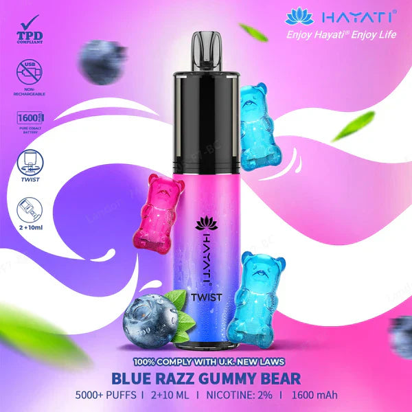 Hayati Twist 5000 Puffs Prefilled Vape Pod Kit Box of 5, Blue Razz Gummy Bear Flavour