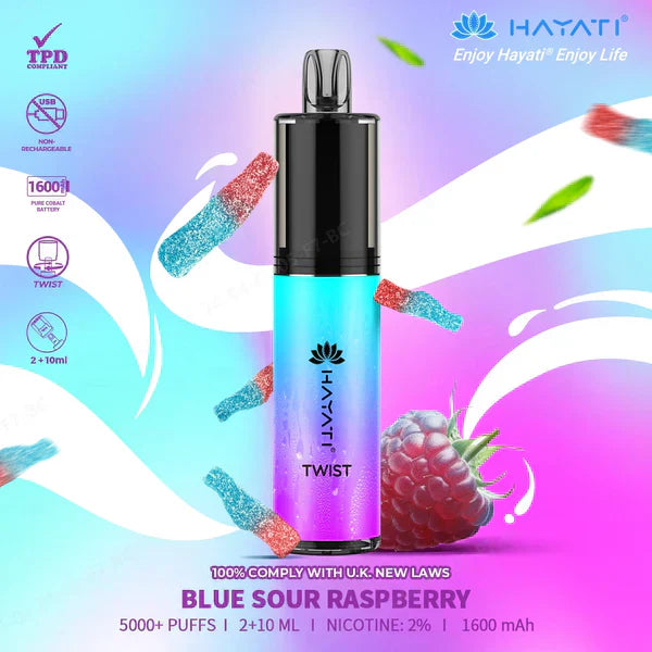 Hayati Twist 5000 Puffs Prefilled Vape Pod Kit Box of 5, Blue Sour Raspberry Flavour