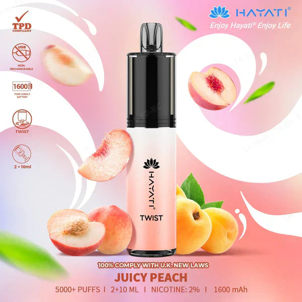 Hayati Twist 5000 Puffs Prefilled Vape Pod Kit Box of 5, Juicy Peach Flavour