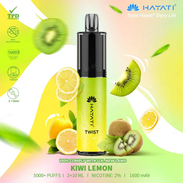 Hayati Twist 5000 Puffs Prefilled Vape Pod Kit Box of 5, Kiwi Lemon Flavour