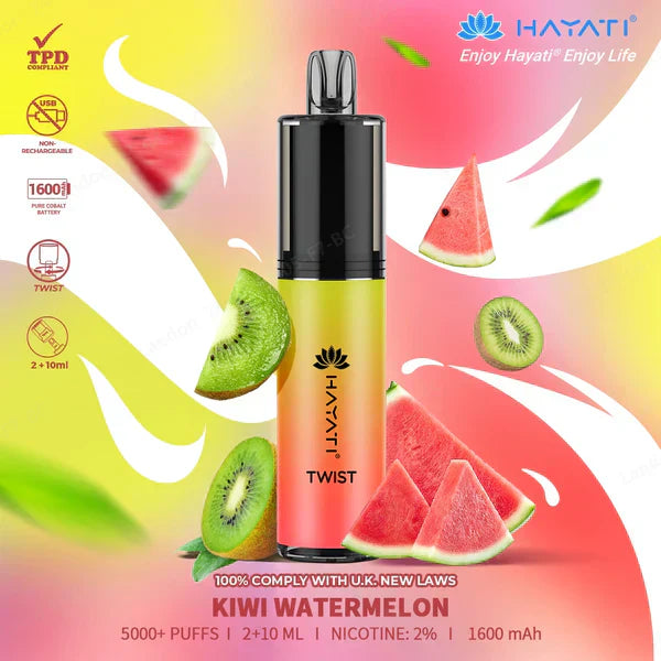 Hayati Twist 5000 Puffs Prefilled Vape Pod Kit Box of 5, Kiwi Watermelon Flavour