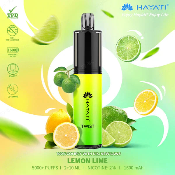Hayati Twist 5000 Puffs Prefilled Vape Pod Kit Box of 5, Lemon LIme Flavour