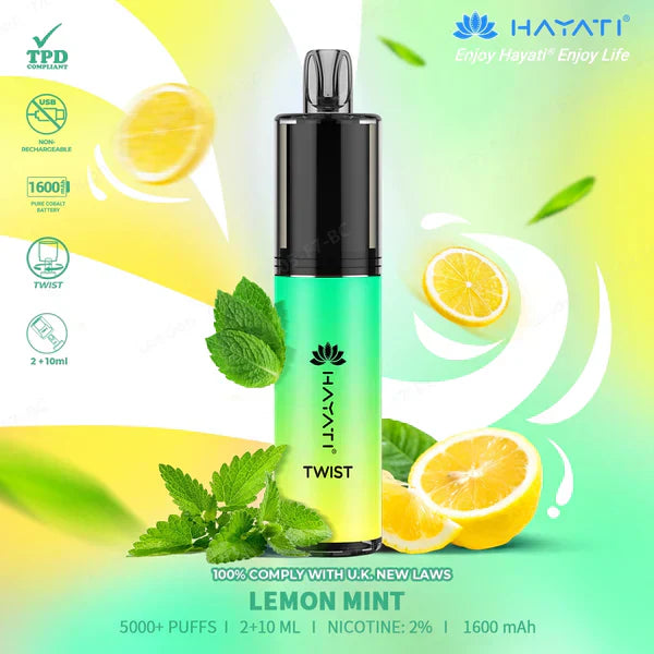 Hayati Twist 5000 Puffs Prefilled Vape Pod Kit Box of 5, Lemon Mint Flavour