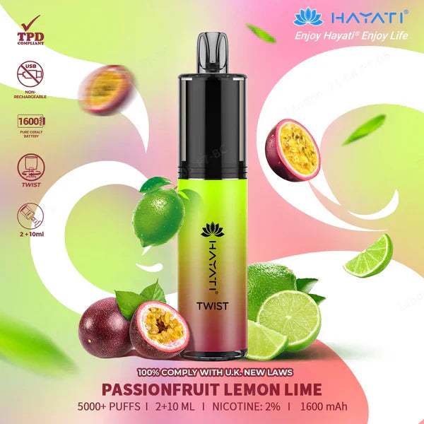 Hayati Twist 5000 Puffs Prefilled Vape Pod Kit Box of 5, Passion Fruit Lemon Lime Flavour