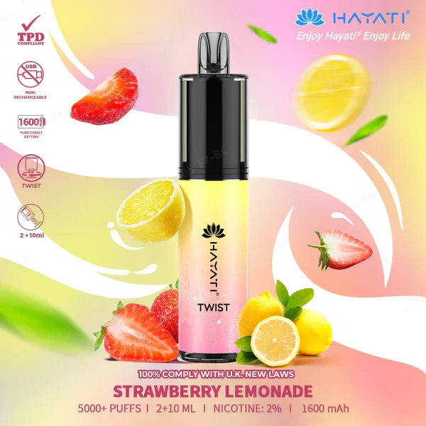 Hayati Twist 5000 Puffs Prefilled Vape Pod Kit Box of 5, Strawberry Lemonade Flavour