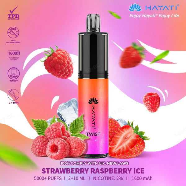 Hayati Twist 5000 Puffs Prefilled Vape Pod Kit Box of 5, Strawberry Raspberry Ice Flavour