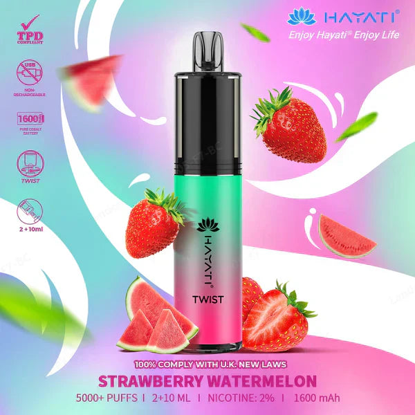 Hayati Twist 5000 Puffs Prefilled Vape Pod Kit Box of 5, Strawberry Watermelon Flavour