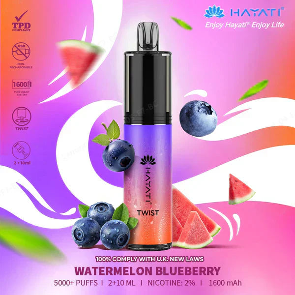 Hayati Twist 5000 Puffs Prefilled Vape Pod Kit Box of 5, Watermelon Blueberry Flavour