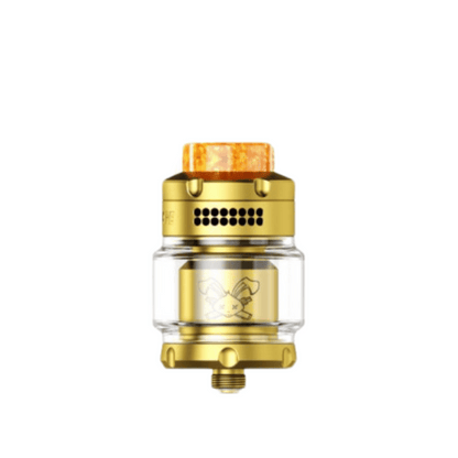 Gold Hellvape Dead Rabbit 3 RTA 2024 Edition with transparent glass chamber.