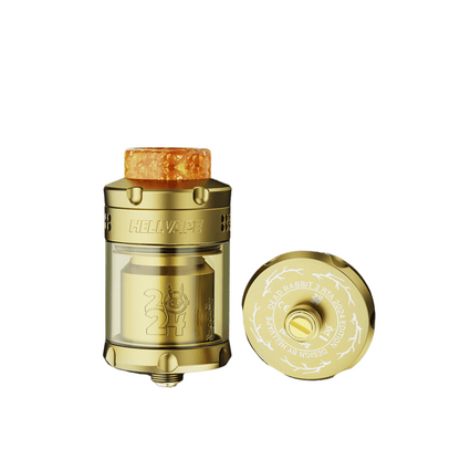 Hellvape Dead Rabbit 3 RTA 2024 Edition in gold, showing side and top views.