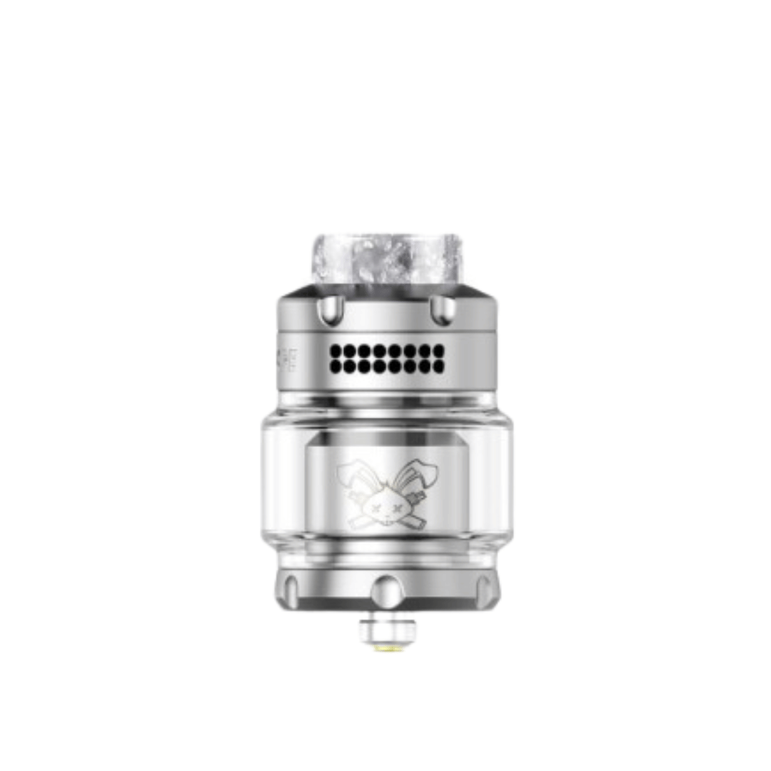Hellvape Dead Rabbit 3 RTA 2024 Edition in silver with engraved logo, front view.
