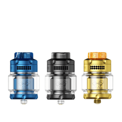 Three Hellvape Dead Rabbit 3 RTA tanks in blue, black, and gold.