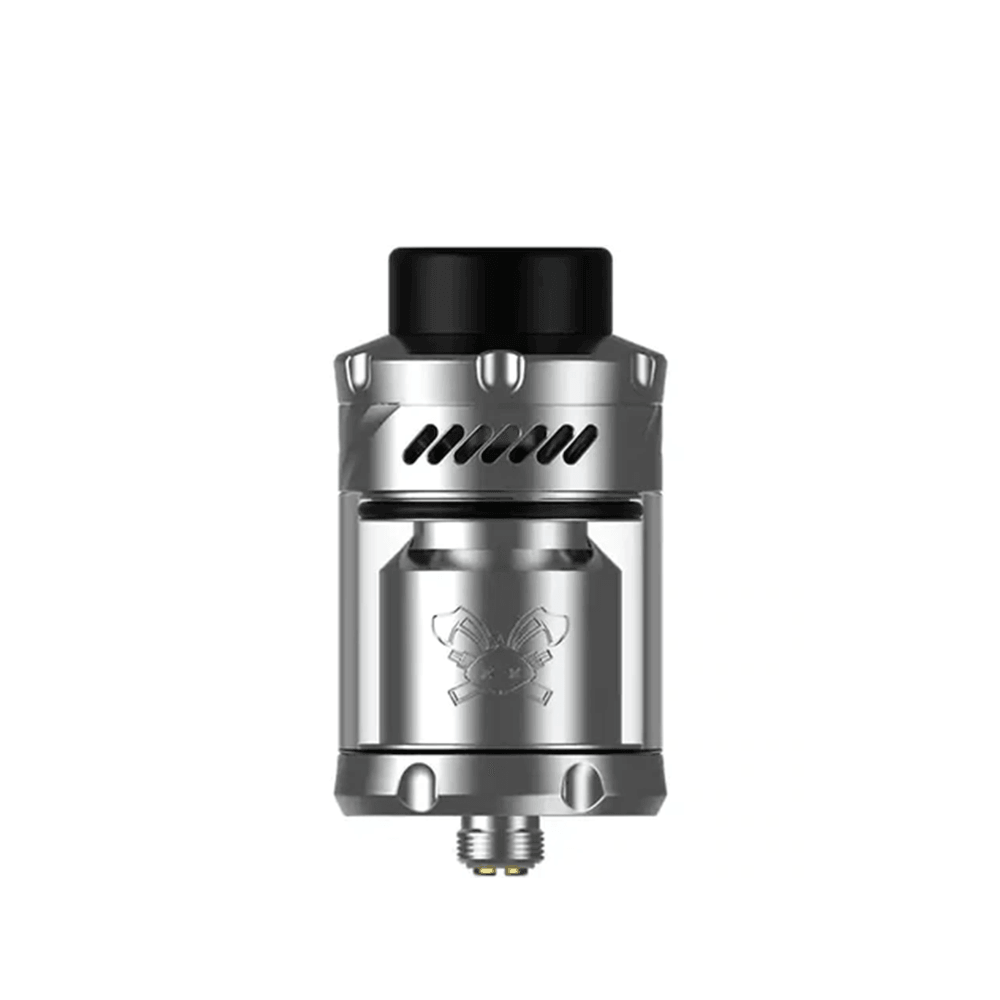 Silver Hellvape Dead Rabbit 3 RTA vape tank with black mouthpiece.