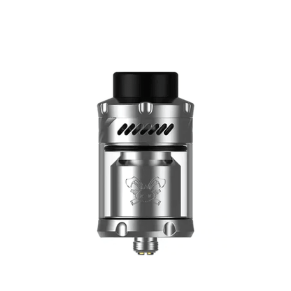 Silver Hellvape Dead Rabbit 3 RTA vape tank with black mouthpiece.