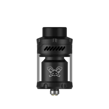 Black Hellvape Dead Rabbit 3 RTA with transparent tank and engraved logo.