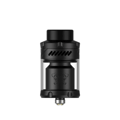 Black Hellvape Dead Rabbit 3 RTA with clear glass tank and engraved logo.
