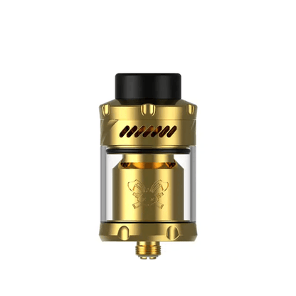 Gold vape tank with black mouthpiece, clear glass section, and engraved logo.