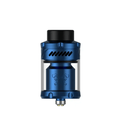 Blue Hellvape Dead Rabbit 3 RTA with transparent glass tank section.