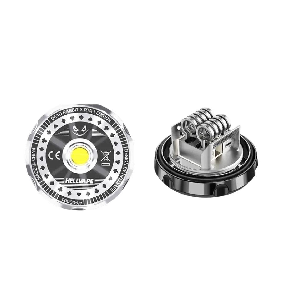 Hellvape Dead Rabbit 3 RTA J Edition showing the bottom of the RTA showing the hellvape logo and 510 pin and the other image showing a build on the deck