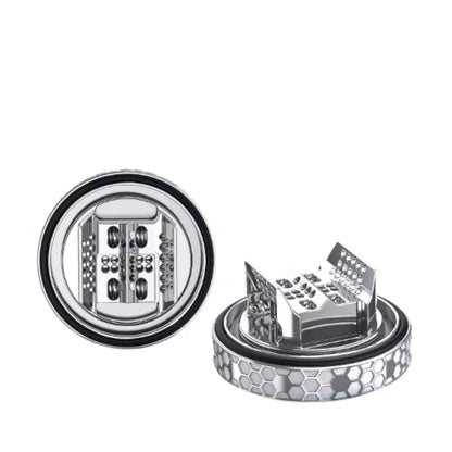 Close up of Hellvape Dead Rabbit 4 RTA Dual coil build deck with upgraded 48-hole airflow.