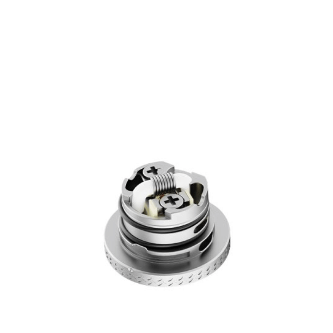 Hellvape Dead Rabbit MTL RTA V2 deck in silver, showing coil build and airflow slots.