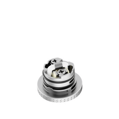 Hellvape Dead Rabbit MTL RTA V2 deck in silver, showing coil build and airflow slots.