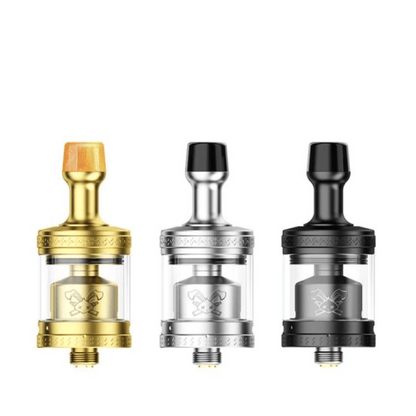Three Hellvape Dead Rabbit MTL RTA V2 in gold, silver, and black.