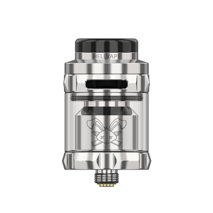 Hellvape Dead Rabbit Solo RTA in metallic finish, featuring engraved logo and adjustable airflow.
