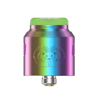 Hellvape Drop Dead 2 RDA in a vibrant rainbow finish with green drip tip.
