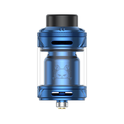 Blue Hellvape Fat Rabbit 2 RTA vape tank with transparent glass chamber.
