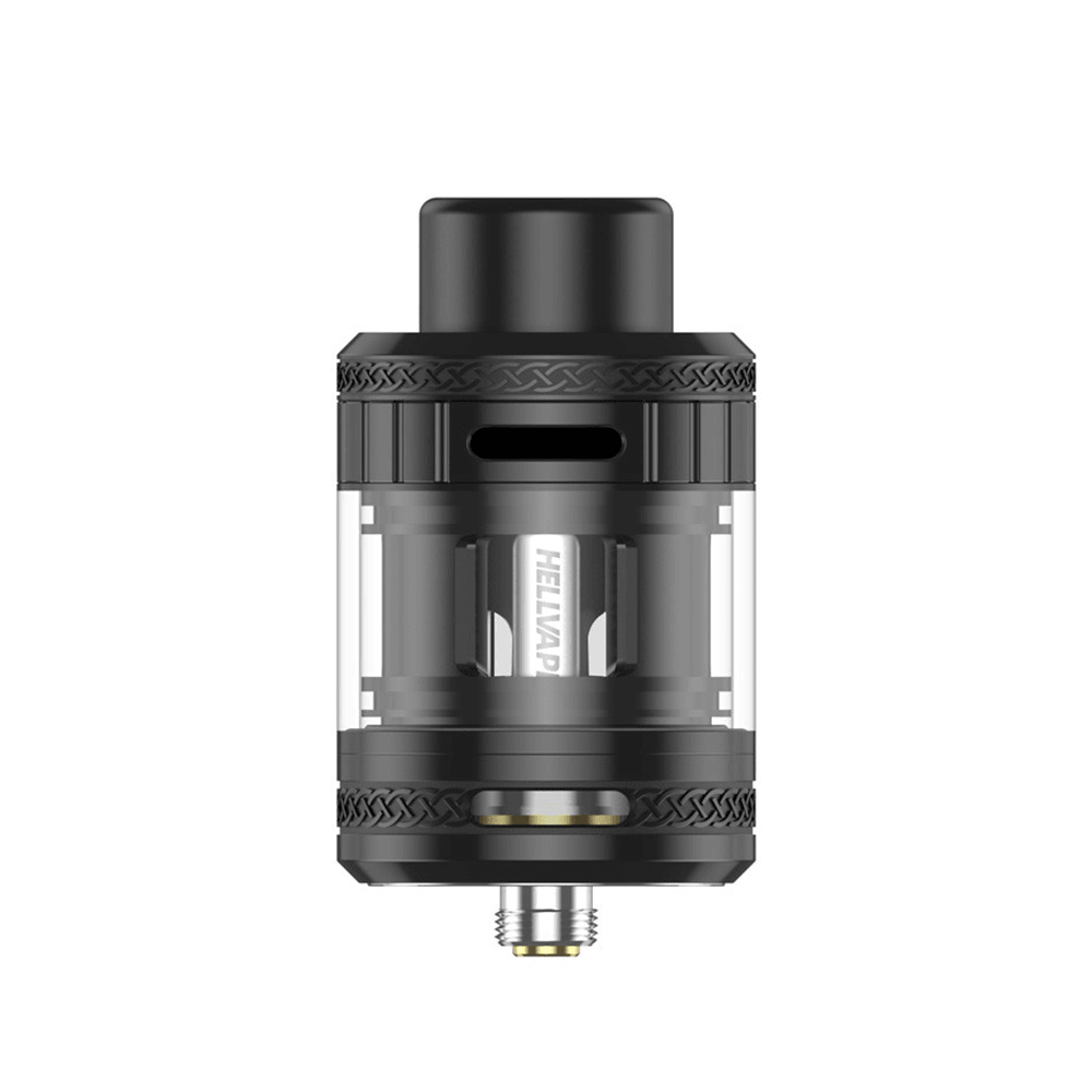 Hellvape Fat Rabbit 2 Sub Ohm Tank with clear glass and black top, shown on a white background.