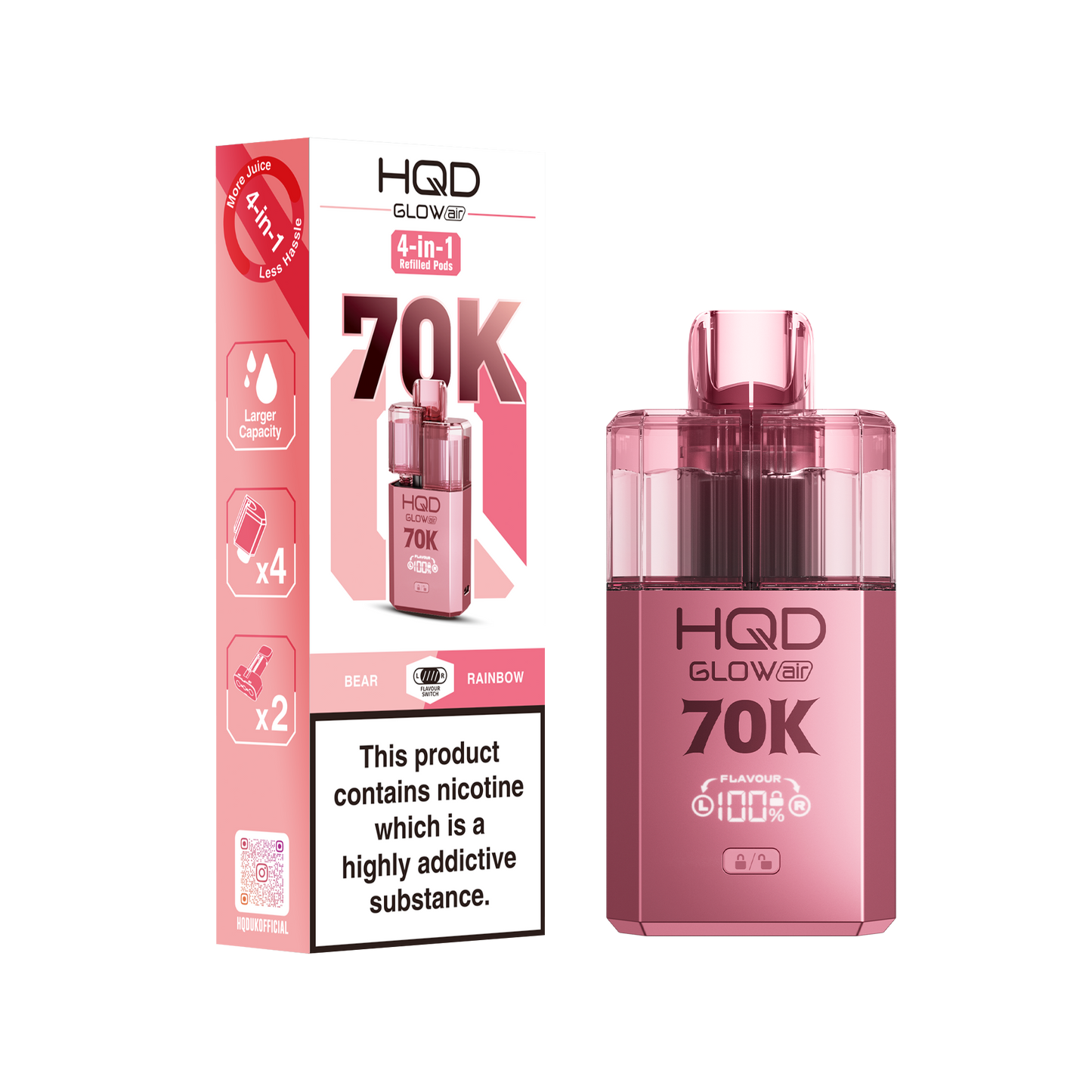 HQD Glow Air 70K Puff Prefilled Pod Vape Kit Box of 5, Bear, Rainbow Flavour