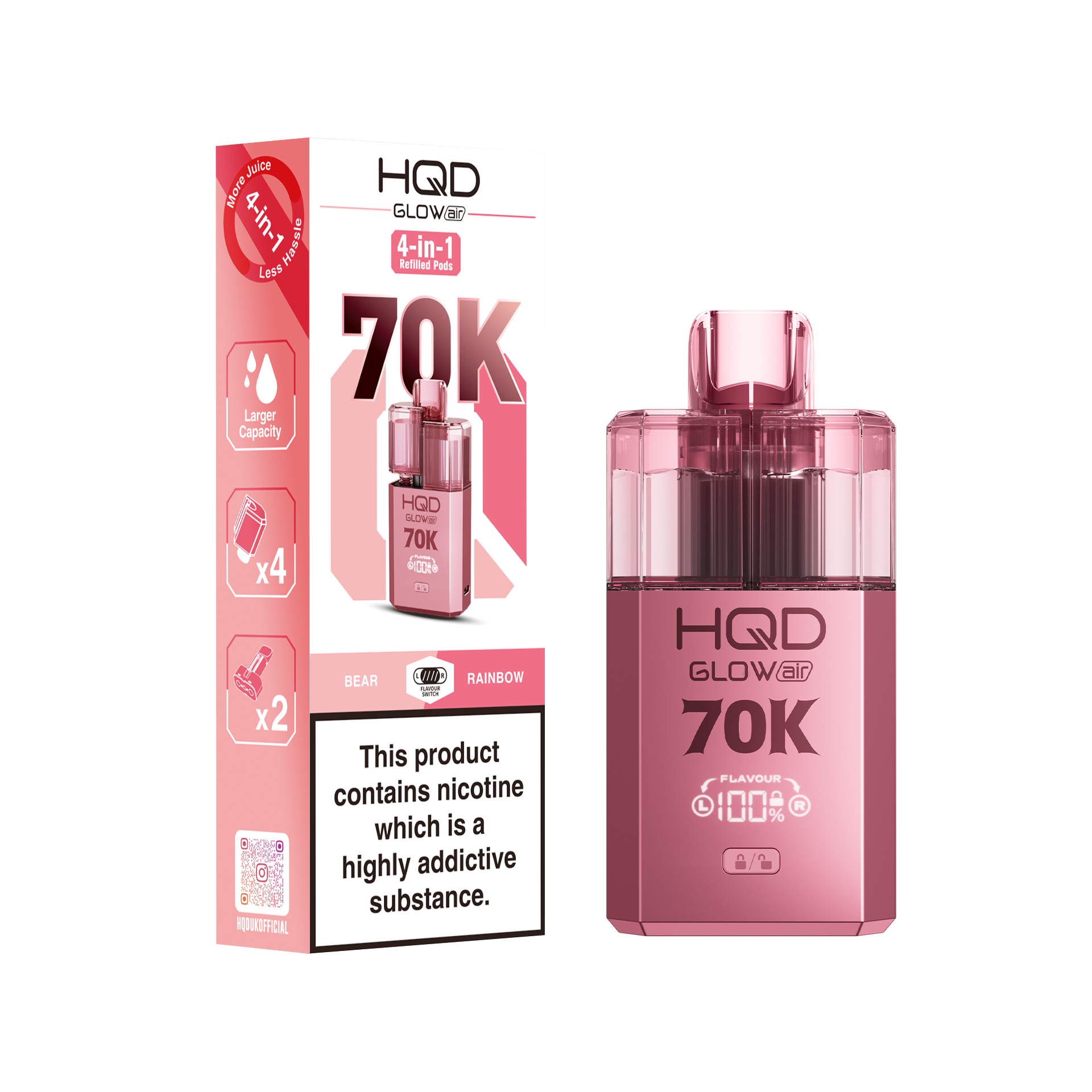 HQD Glow Air 70K Puff Prefilled Pod Vape Kit Box of 5, Bear, Rainbow Flavour